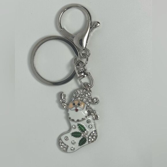 BAG CHARM Silver Tone Holiday Santa in Stocking - Picture 3 of 4
